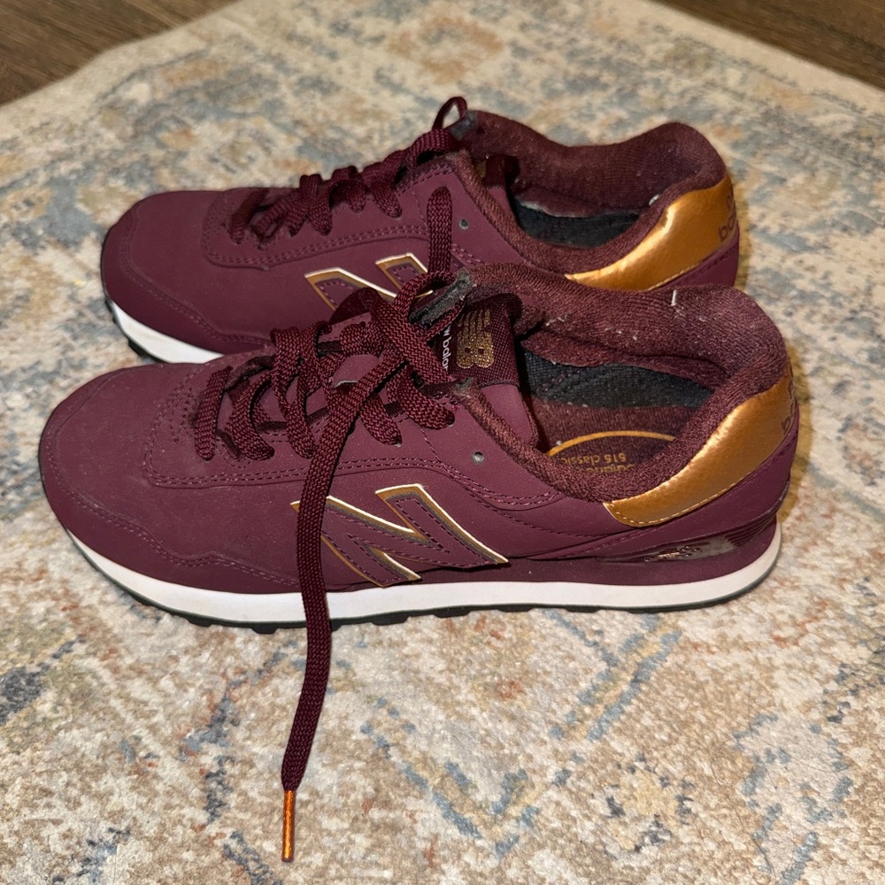 Burgundy and gold new balance sneakers